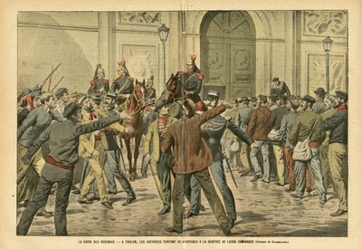 Illustratie van Eugene Damblans (1865-1945) in Le Pelerin, 26/11/05 - De staking van de arsenalen in Toulon, de stakers proberen de huur van hun kameraden tegen te houden - Sociaal, Staking, Architectuur, Maritiem, Toulon, Arsenal door Eugene Damblans