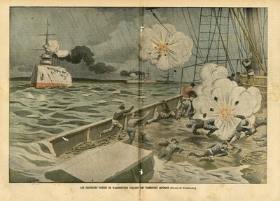 Illustratie van Eugene Damblans (1865-1945) in Le Pelerin, 28/02/04 - De Russische kruisers van Vladivostok zinken een Japans transport - Leger, Maritieme Marine Kust, Russisch-Japanse Oorlog, Oorlogsschepen, Vladivostok - Zeelieden, zeelieden door Eugene Damblans