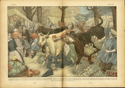 Illustratie van Eugene Damblans (1865-1945) in Le Pelerin, 28/03/37 - De grote jaarlijkse kermis van Lezay nabij Niort - Diverse feiten, Economie, Menigte, Winkels, Landbouw, Groenten - Koe, Rund, Camelot reizende verkoper door Eugene Damblans