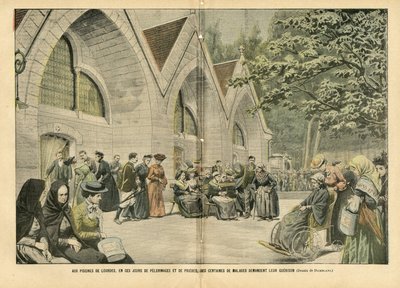 Illustratie van Eugene Damblans (1865-1945) in Le Pelerin, 28/08/04 - Bij de baden van Lourdes, in deze dagen van pelgrimages en gebeden, vragen honderden patiënten om hun oorlog - Medisch, Religie Geloof, Architectuur Stedelijke Planning, Katholiek Kathol door Eugene Damblans