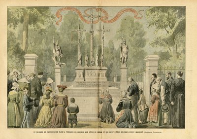 Illustratie van Eugene Damblans (1865-1945) in Le Pelerin, 29/05/04 - Het kruisbeeld van protest opgericht in Treguier als reactie op de feesten van Renan en dat zojuist plechtig is ingewijd door Eugene Damblans