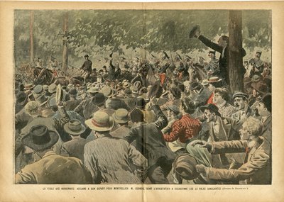 Illustratie van Eugene Damblans (1865-1945) in Le Pelerin, 30/06/07 - De menigte van Narbonnais juicht voor Montpellier M. Ferroul wiens arrestatie bloedige dagen veroorzaakte - Sociaal, Wijn, Wijncrisis Wijnboer Revolte, Narbonne - Ferroul Ernest (1853-19 door Eugene Damblans