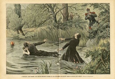 Illustratie van Eugene Damblans (1865-1945) in Le Pelerin, 30/07/05 - In Riaucourt (Haute-Marne) sterven twee priesters als slachtoffers van hun toewijding terwijl ze proberen een verdronken kind te redden - Diverse feiten, Kindertijd, Maritiem, Rivier door Eugene Damblans