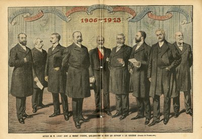 Illustratie van Eugene Damblans (1865-1945) in Le Pelerin, 31/12/05 - Rond M. Loubet doneert de termijn eindigt, enkele van degenen die hem willen opvolgen - Verkiezingen, President van de Republiek - Combes Emile (1835-1921), Doumer Paul (1857-1932), Rouv door Eugene Damblans