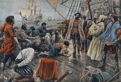 Illustratie van de bemanning van Ferdinand Magellaan die hun trouw aan hem zweren na een mislukte muiterij. door Eugene Damblans