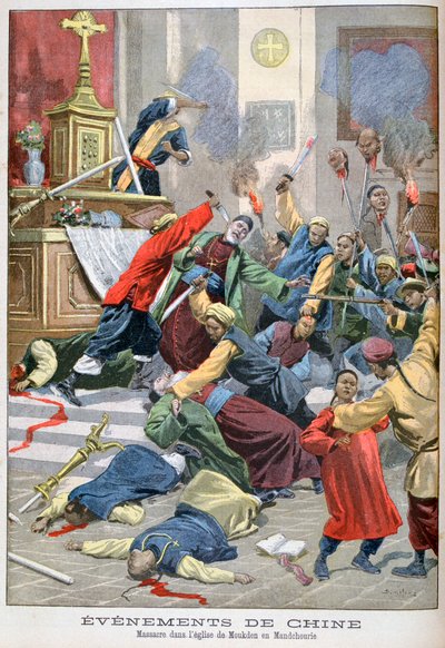Bloedbad in de kerk van Moukden, Mandchourie, China, 1900 door Eugene Damblans