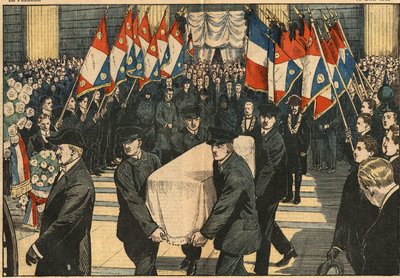 Begrafenis van Maurice Ridart, gedood door politieagenten in de kerk van La Madeleine in Parijs. De vlaggen van de Jeugd Patriotes groeten zijn kist. Illustratie van Damblans. In 