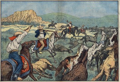 Mexicaanse boeren schieten wilde paarden om voedseltekorten in hun land te voorkomen. El Paso Plains, Mexico. Illustratie van Damblans. In "Le Pèlerin" van 6 oktober door Eugene Damblans
