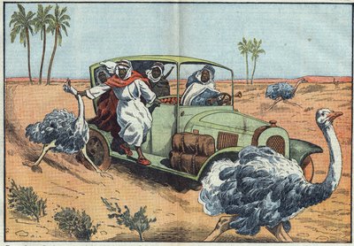 Moderne jacht: In de Arabische woestijn rijden rijke Bedoeïenen jonge Oostenrijkers om ze levend te vangen. Illustratie van Damblans. In 