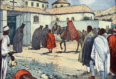 Monseigneur Lepicier van de Orde van de Servieten van Maria, aartsbisschop van Tarsus, werd ontvangen in het Koptische klooster van Debre-Bizen tijdens een apostolisch bezoek aan Abessinië (Ethiopië). Illustratie van Damblans. In 