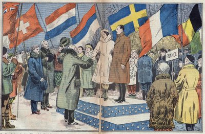 Olympische Winterspelen (1932) - sluitingsceremonie: de Franse schaatsers M. en mevrouw Brunet Joly (Brunet-Joly), Olympisch kampioenen, worden gefeliciteerd door de jury. Lake Placid, VS. Illustratie van Damblans. In 