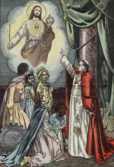 Paus Pius IX instelt viering van de sociale heerschappij van Jezus Christus, tekening door Damblans uit de Franse krant "Le Pelerin" 3 januari door Eugene Damblans