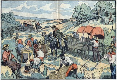 Bevolkingsmigratie in Afrika: 2000 Boeren verlaten de Portugese kolonie Angola per wagen naar de vruchtbaardere gebieden van Zuid-Afrika. Illustratie van Damblans in 