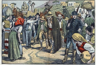 Rovers gearresteerd door de Italiaanse fascistische politie. Sicilië, Italië. Illustratie van Damblans. In 