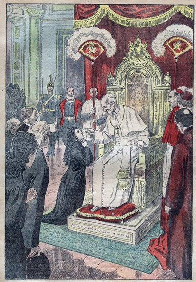 Heilige Theresia van het Kind Jezus (of Lisieux 1873-1897) nog een jong meisje aan de voeten van Paus Leo XIII, ze kreeg toestemming om op vijftienjarige leeftijd in 1888 het Karmelietenklooster binnen te gaan - illustratie van Damblans van 1923 door Eugene Damblans