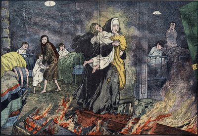 Zuster Marie Gabrielle (Marie-Gabrielle) redt een kind tijdens de brand van het weeshuis van Bernards Ville (Bernards-Ville), in de Verenigde Staten. Illustratie van Damblans in 