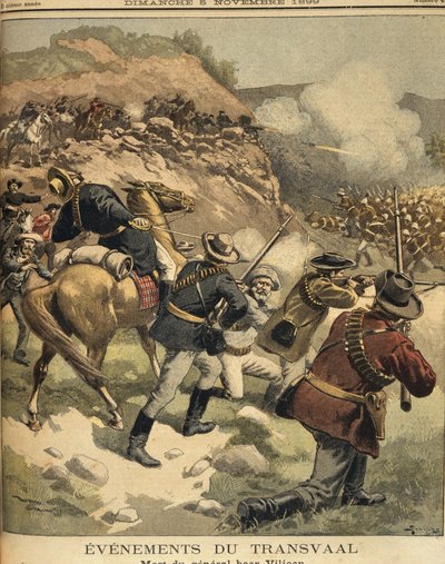 Zuid-Afrika, De Anglo-Boerenoorlogen, Dood van de Boeren Generaal Viljoen tijdens een gevecht met de Engelsen, prent door Eugene Damblans