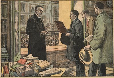 Studenten van de Faculteit der Rechtsgeleerdheid houden een toespraak voor decaan Henry Berthelemy (1857-1943). Illustratie van Damblans. In 