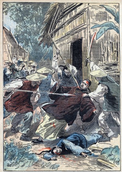 De Franse priester Berthollet (1865-1898), priester van de Buitenlandse Missies, werd vermoord door Chinese nationale gardes nabij de stad Yun Ngan Cheou op 21 april 1898. Illustratie van Damblans in 