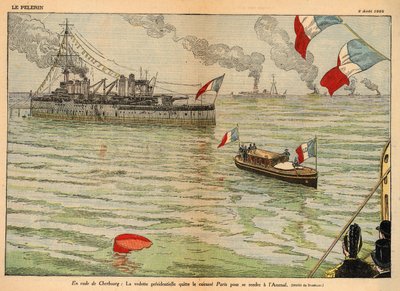 De presidentiële standaard, haven van Cherbourg, dubbele pagina in "Le Pelerin" 2 augustus 1925 door Eugene Damblans