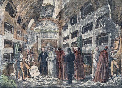 De archeoloog Giovanni Battista de Rossi (1822-1894) laat paus Pius IX de crypte van de pausen zien die hij net heeft ontdekt (1852) - Illustratie van Damblans in 