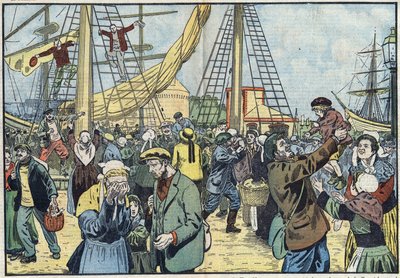 De terugkeer van de kabeljauw naar Saint-Malo: de Terres-Neuvas waren aan het vissen en herenigd met hun families. Illustratie van Damblans. In 