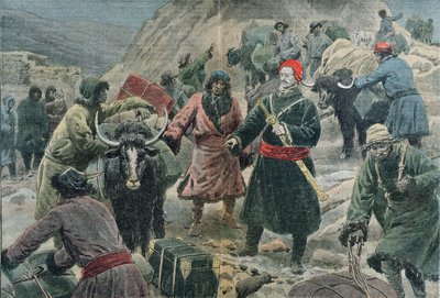De ontdekkingsreiziger Sven Ander Hedin (1865-1952) in Tibet, illustratie uit 