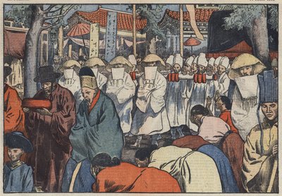 De begrafenis van de voormalige keizer van Korea, Prins Yi. Men ziet de katafalk bij de poort van het paleis in Seoul, terwijl de Aigos of 