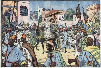 De nieuwe sultan van Marokko, Moulay Mohammed, maakt zijn intrede in de stad Rabat. Illustratie van Damblans. In 