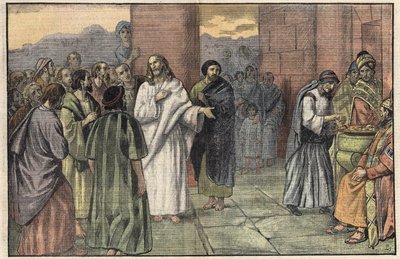 Het offer van de weduwe. Evangelie volgens Marcus, hoofdstuk 12, v. 41-44. Illustratie van Damblans. In 
