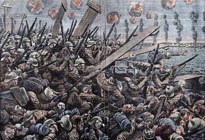 Oorlog 1914-1918. Front van België 1914. Duitse soldaten aan de IJzer. Tekening door Damblans. door Eugene Damblans