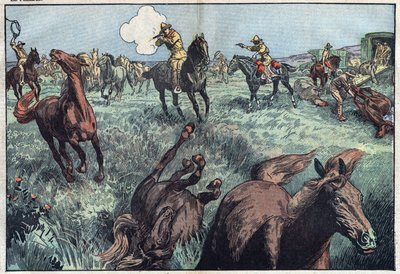 Wilde paarden worden afgeslacht in de Verenigde Staten. Illustratie van Damblans. In 