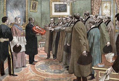 afgevaardigden van de republiek Andorra met bisschop van Urgel die de eed van gehoorzaamheid aan Frankrijk afleggen, illustratie uit "Le Pelerin" door Eugene Damblans