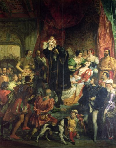 De geboorte van Henri IV (1553-1610) in het kasteel van Pau, 13 december 1553, 1827 door Eugene Deveria