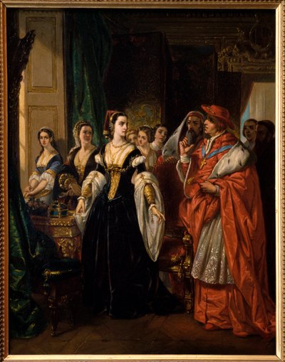 De scheiding van Hendrik VIII: kardinaal Thomas Wolsey (1475-1530) en Catharina van Aragon (1485-1536) in 1533 - Scène uit het toneelstuk 
