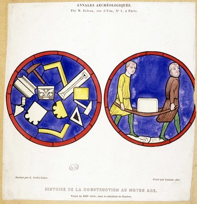 Geschiedenis van de bouw in de Middeleeuwen: Facsimile van 13e-eeuwse glas-in-loodramen, in de Kathedraal van Chartres - Getekend door Eugene Viollet-le-Duc (Viollet le Duc) (1814-1879) en met verschillende maçonnieke symbolen door Eugene Emmanuel (after) Viollet le Duc