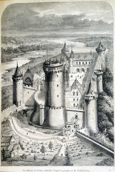 Het kasteel van Coucy, gerestaureerd - gravure naar de schets van Eugene Viollet-le-Duc (1814-1879) - 