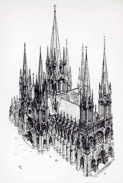 Isometrisch uitzicht van ideale kathedraal, tekening door Eugene Emmanuel Viollet-le-Duc (1814-1879) uit Woordenboek van Franse Architectuur van de 11e tot de 16e Eeuw door Eugene Emmanuel Viollet le Duc