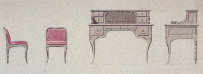 Stoel met lage rugleuning en schrijftafel voor de Gouden Kamer door Eugene Emmanuel Viollet le Duc