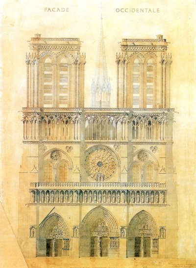 Project voor restauratie van de westgevel van de Notre Dame kathedraal in Parijs met reconstructie van de spits bij de kruising, 1843 door Eugene Emmanuel Viollet le Duc