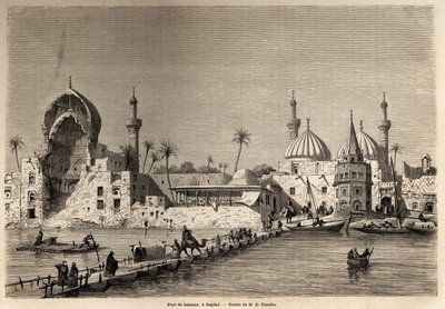 Een bootbrug, in Bagdad, tekening door Eugene Flandin (1809-1876), ter illustratie van zijn reis naar Mesopotamië in 1840-1842. Gravure in "Le tour du monde" 1861. Selva