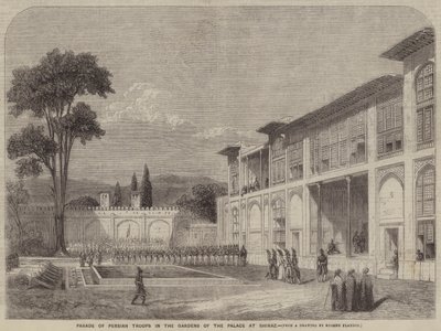 Parade van Perzische Troepen in de Tuinen van het Paleis in Shiraz door Eugene Flandin