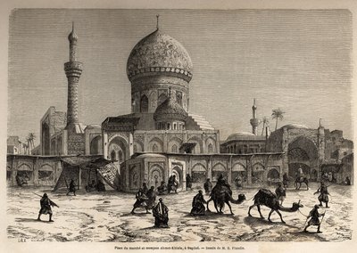 Het Marche-plein en de Ahmet Khiaia-moskee in Bagdad, tekening door Eugene Flandin (1809-1876), ter illustratie van zijn reis naar Mesopotamië in 1840-1842. Gravure in "Le tour du monde" 1861. Selva