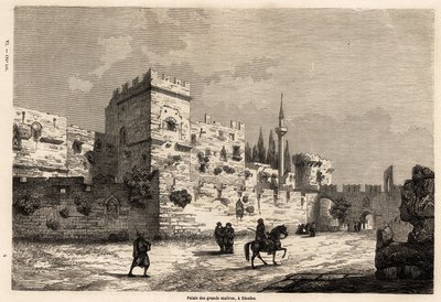 Het paleis van de grote meesters in Rhodos, tekening door Eugene Flandin, ter illustratie van zijn reis naar het eiland Rhodos in 1844. Gravure in "Le tour du monde", uitgegeven door Edouard Charton door Eugene Flandin
