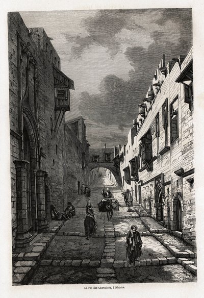 De rue des chevaliers, in Rhodos, tekening door Eugene Flandin, ter illustratie van zijn reis naar het eiland Rhodos in 1844. Gravure in "Le tour du monde", uitgegeven door Edouard Charton door Eugene Flandin
