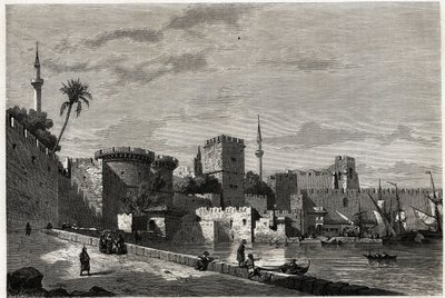 Het uitzicht op de haven van Rhodos en de poort van Aubusson, tekening door Eugene Flandin, ter illustratie van zijn reis naar het eiland Rhodos in 1844. Gravure in 