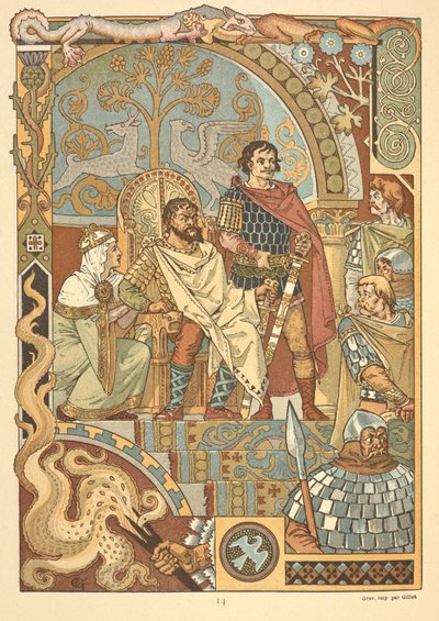 Een koning op zijn troon, in de rechtbank. door Eugene Grasset