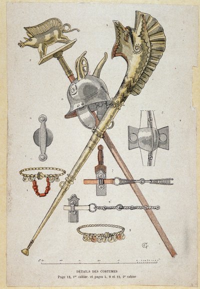 Accessoires van de Gallische krijger: banier die een saglier siert, de helm en de oorlogshoorn (carnyx) - in 