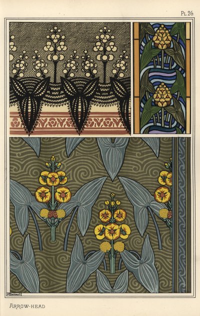 Pijlkruid, Sagittaria sagittifolia, als ontwerp motief in borduurwerk, glas-in-lood en stofpatronen door Eugene Grasset