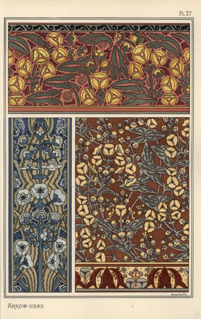 Pijlkruid, Sagittaria sagittifolia, als ontwerp motief in behang en stofpatronen door Eugene Grasset